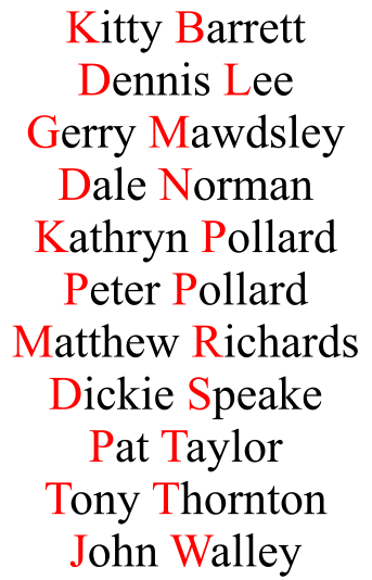 Kitty Barrett Dennis Lee Gerry Mawdsley Dale Norman Kathryn Pollard Peter Pollard Matthew Richards Dickie Speake Pat Taylor Tony Thornton John Walley