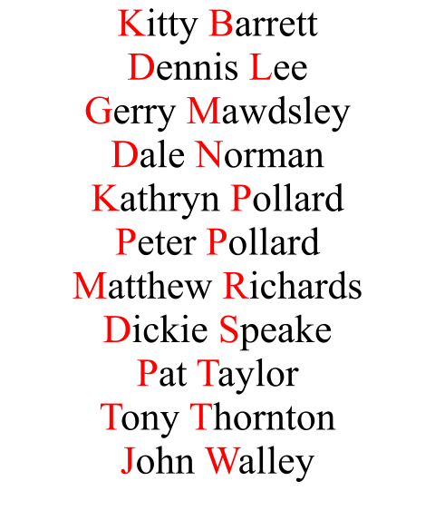 Kitty Barrett Dennis Lee Gerry Mawdsley Dale Norman Kathryn Pollard Peter Pollard Matthew Richards Dickie Speake Pat Taylor Tony Thornton John Walley